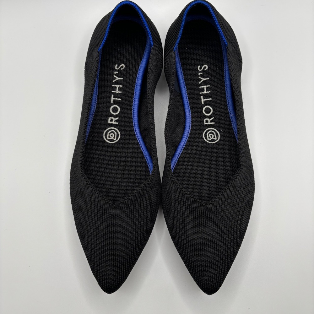 Rothy's Black Pointed Toe Flats with Blue Trim - Picture 2 of 11